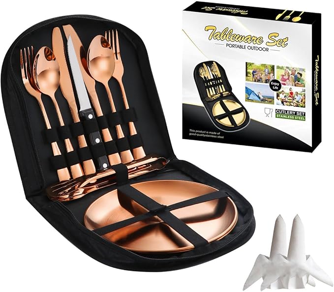 Camping Mess Kits with Portable Case Stainless Steel Outdoor Picnic Dinnerware Set with Plate Spoon Fork Knife Cloth Napkins