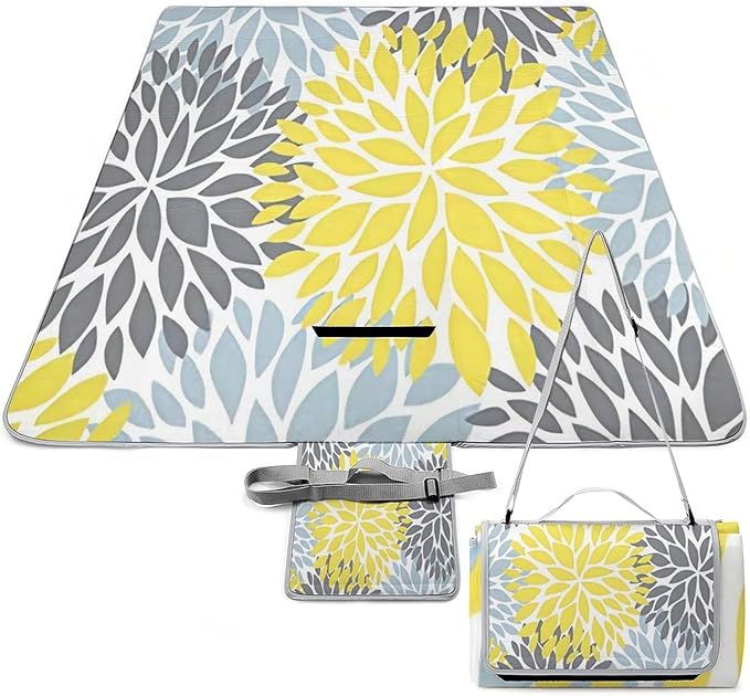 Dahlia Pinnata Flower Floral Blue White Waterproof Outdoor Picnic Blanket Sandproof Beach Mat for Camping Hiking Grass Travelling