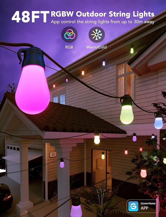 Govee Smart Outdoor String Lights H7015 48ft RGBIC Outdoor Lights with 15 Dimmable LED Bulbs IP65 Waterproof Color Changing Warm White Lights with 47 Scene Modes for Patio Backyard App Control