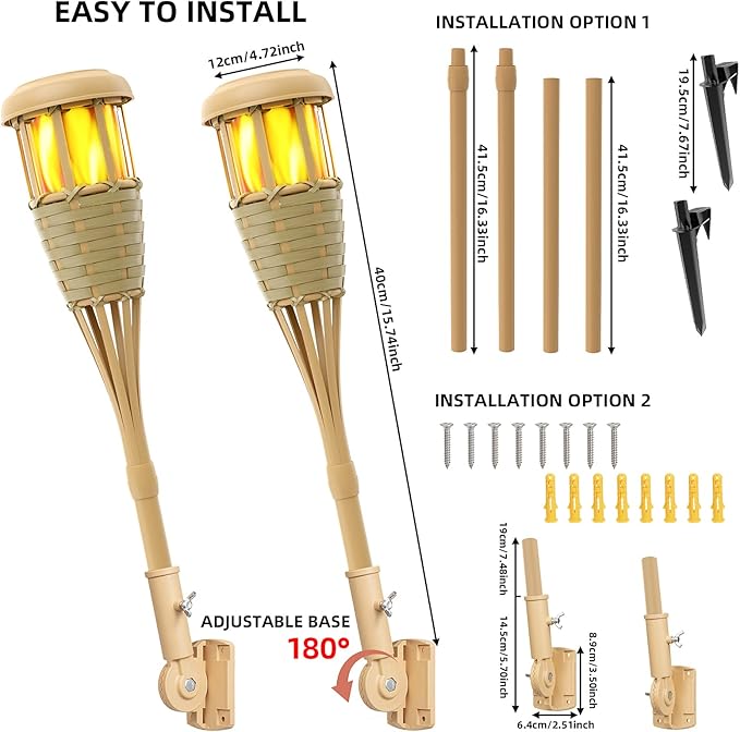Upgraded Flickering Flames Solar Powered Lights - Solar Torches Waterproof Outdoor Decorative Lighting Handmade Bamboo Finish 2-Pack