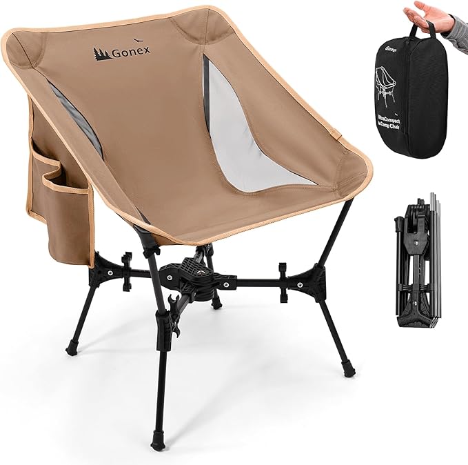 Gonex Portable Camping Chair The 5th Gen Ultralight Compact Backpacking Foldable Lightweight Folding Chair for Outdoor Camp Hiking Beach Picnic Concert Supports 330lbs (Khaki 1 PCS)