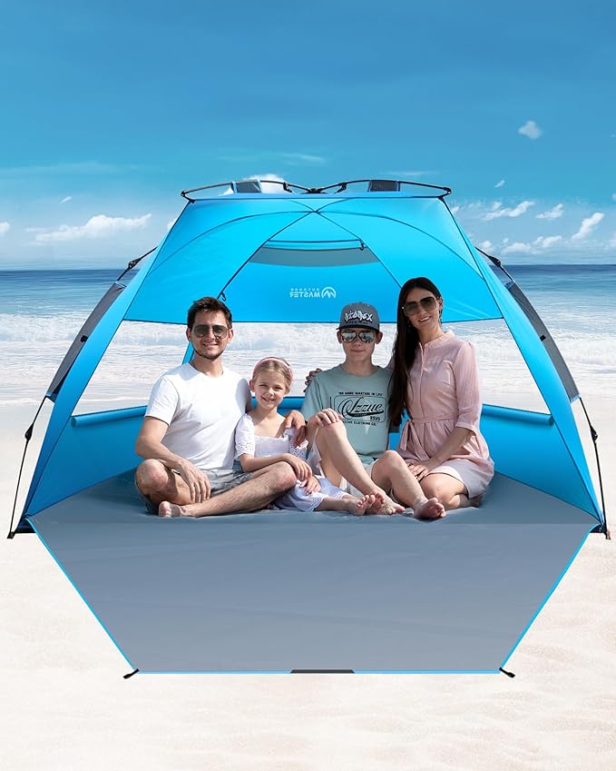 OutdoorMaster Beach Tent Sun Shelter for 3-4 Person Pop Up Beach Tent Easy Setup with Sandbags Portable Sun Shade Canopy with Carrying Bag for Beach &amp Outdoor UPF50+ UV Protection Family Size