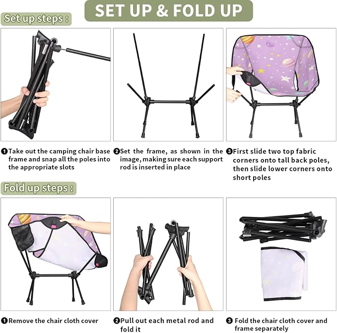 Honeybaby Folding Camping Chair Cartoon Planets Stars Camping Chairs Lightweight Portable Chair Outdoor Foldable Chairs for Camping Travel Picnic Beach Hiking