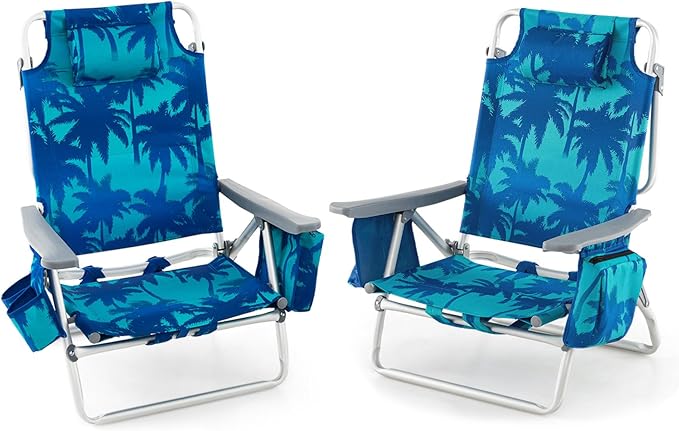 2-Pack Folding Beach Chairs Outdoor Patio Lawn Lounger with 5 Adjustable Position Cooler Pouch Headrest &amp Accessories Portable Camping Chairs for Outdoor Relaxation (1 Coconut Blue)