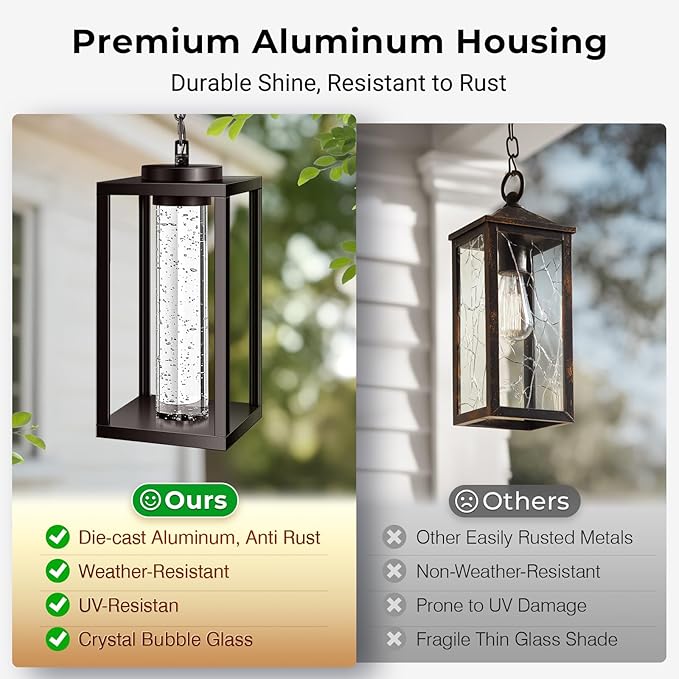 VIANIS Large Outdoor Pendant Light with Adjustable Chain 100% Aluminum Exterior Hanging Light Fixture Farmhouse Oil Rubbed Bronze Outdoor Porch Chandelier Built-in 10W LED Porch Hanging Lights