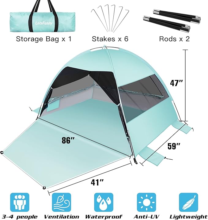 Large Easy Setup Beach TentAnti-UV Beach Shade Beach Canopy Tent Sun Shade with Extended Floor &amp 3 Mesh Roll Up Windows Fits 3-4 PersonPortable Shade Tent for Outdoor Camping Fishing (Mint Green