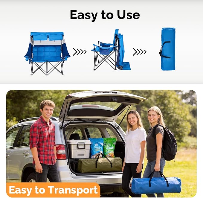 VINGLI Oversize Double Camping Chair with CanopyBeach Chair with Canopy Shade Portable Camping Loveseat with 2 Storage Bags for Outdoor Soccer Sport Events Beach or Camping