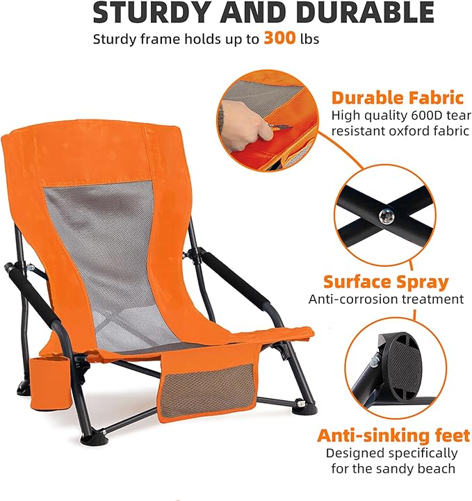 Portable Folding Beach Chair for Adults - Lightweight Low Back Sling Chair with Cup Holder &amp Storage Pocket 300lbs Capacity Camping Chair for Outdoor Lawn Concert Travel (Orange)