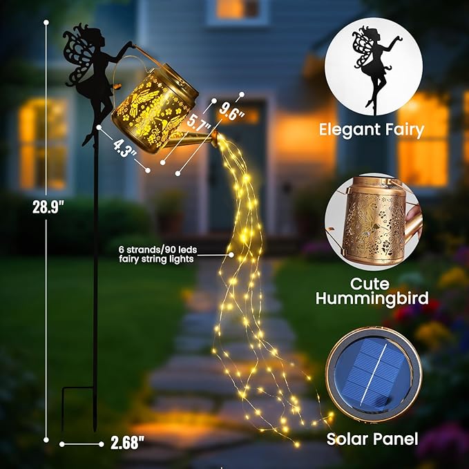 X-PREK Solar Lights Outdoor Waterproof Fairy Solar Garden Lights Outdoor Decoration Hummingbird Solar Watering Can Light Gardening Gifts for Mom Grandma 4 Packs