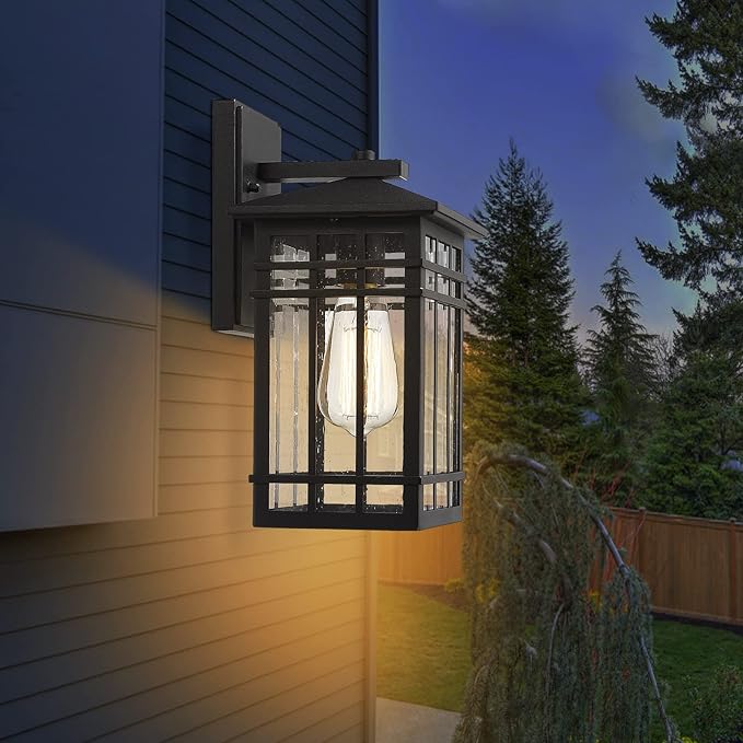 Outdoor Wall Lantern Exterior Light Fixture Wall Mount 1-Light Waterproof Outdoor Lighting Fixture with Seeded Glass for Porch Garage Patio Hallway Entryway Black