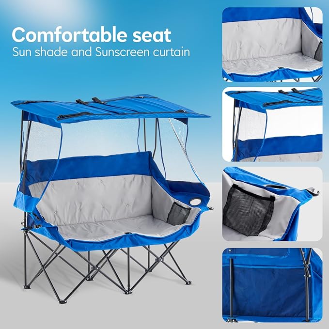 Outdoor Folding Chair with Umbrella Camping Chairs Loveseat Double Oversized Outdoor Chair with Cup Holder&ampCanopy Shade for BBQ Beach Fishing Easy Fold and Carry (Blue+Grey)