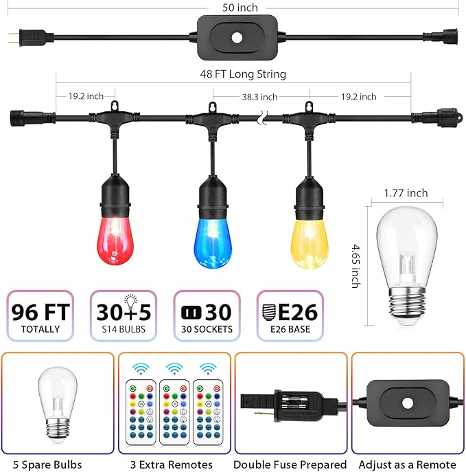 Mlambert 96Ft(2x48ft) Outdoor Patio Lights RGB Dimmable Cafe String Lights with 30+5 Commercial Grade LED Edison Bulbs for Yard Balcony-Black 2 Pack