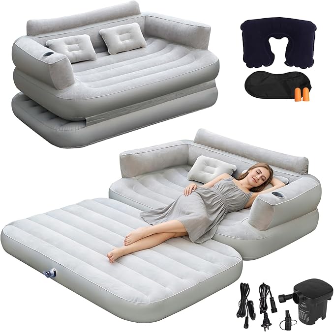 Full Size Inflatable Sofa Bed with Air Pump2-in-1 Blow-Up Couch and Folding Air Mattress Bed for HomeCampingand Guests