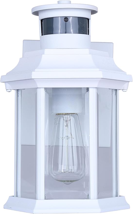 Harbor 1-Light Outdoor Wall Light 10-Inch White with Clear Glass Built-in Motion Sensor/Photocell Classic Durable Outdoor Lantern for Entryways Patios Porches