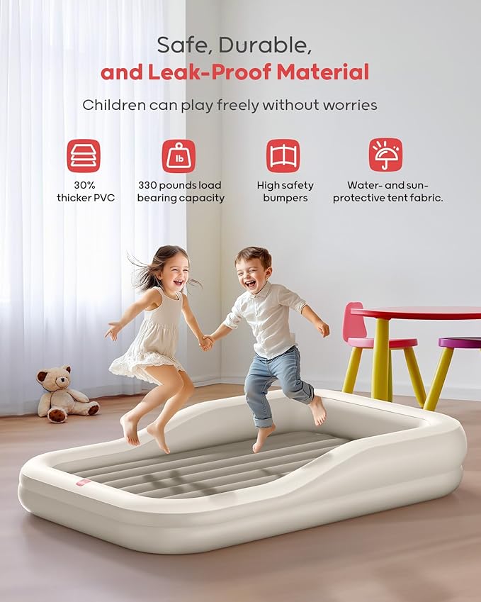 QPAU Inflatable Toddler Travel Bed with Tent Portable Kids Air Mattress with Safety Sides Ideal for Home Grandma's Camping Traveling -Includes Fast Electric Pump