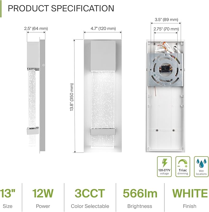 ASD LED 13 Bubble Glass Wall Light Fixture Outdoor &amp Indoor Seeded Sconce | 3CCT Waterproof Dimmable ETL Listed | 12W 500LM 3000-5000K 120V | Exterior Lantern Porch Lighting | White