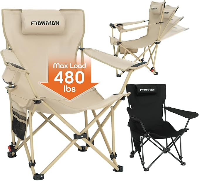 Oversized Camping Folding Chair Camp Chairs for Adults Heavy Duty Beach Chair Foldable Lawn Chairs XL Chair Heavy Duty Big and Tall Camping Chair (2 Black Oversized)