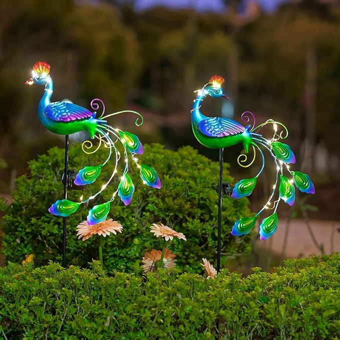 DREAMSOUL 2 Pack Metal Peacock Solar Lights Outdoor Waterproof LED Solar Lights Decorative Garden Stakes for Yard Pathway Peacock Decor