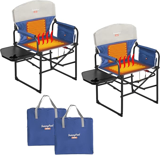 SUNNYFEEL Heated Camping Directors Chair Heavy DutyOversized Portable Folding Chair with Side Table Pocket for Beach FishingTripPicnicLawnConcert Outdoor Foldable Camp Chairs