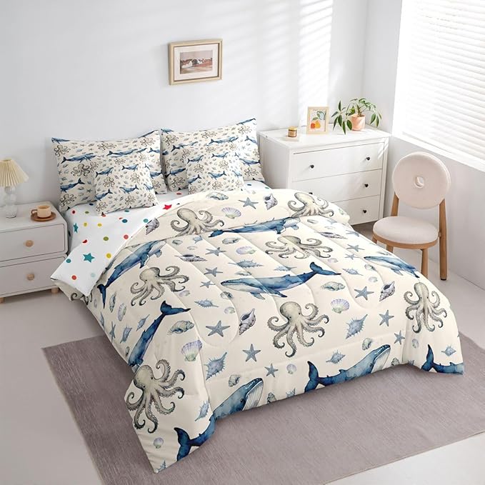 Octopus Whale Comforter Set with SheetsPillowcases &amp Cushion Cover Sealife Sea Animal 7 Piece Bedding Set for Kids Boys Girls Teens Room Decor Ocean Fish Bed in a Bag Twin Size Underwater Microfi