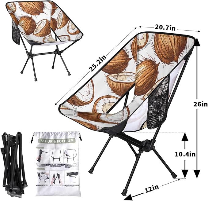 Honeybaby Folding Camping Chair Coconut Print Camping Chairs Lightweight Portable Chair Outdoor Foldable Chairs for Camping Travel Picnic Beach Hiking