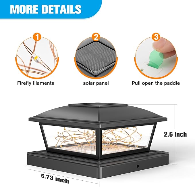 VOLISUN Solar Post Cap Lights Outdoor 4Pack Black Fence Cap Lights Solar Powered Fits 4x4 6x6 Wooden/4x4 5x5 Vinyl Post Firefly filaments Lighting for Garden/Patio/Porchwith Warm White