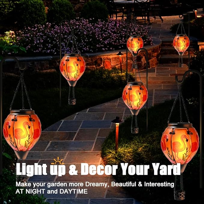 Hot Air Balloon Solar Lantern - Flamingo Stained Glass Lantern Simulated Flickering &amp Dancing Flame Outdoor Hanging Yard Light Waterproof IP65 for Patio Lawn Porch Decor Gift