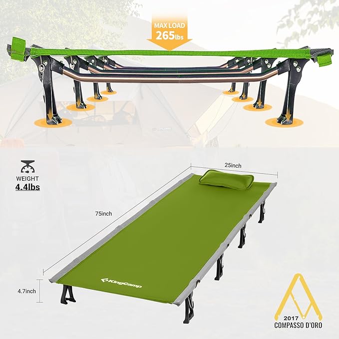 KingCamp Camping Cot Folding Portable Heavy Duty Ultralight Cots for Adults Camping Tent Hiking Backpacking Mountaineering Travel Indoor Outdoor Indoor Base Camp with Pillow Support 265 Lbs