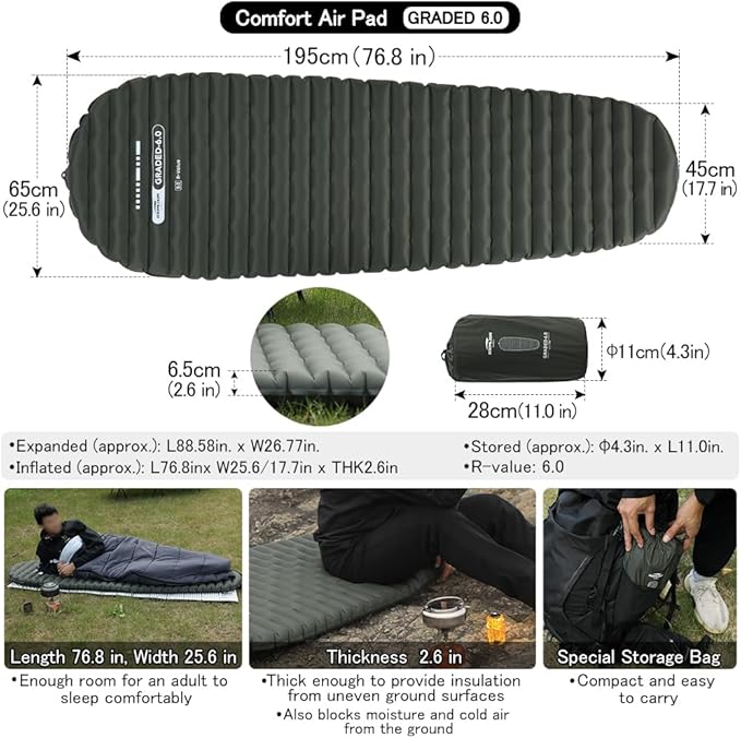 Camping Air Pad Graded 6.0 High R-Value 6 Insulation Warmth Comfort Compact Lightweight Air Mat Pump Bag Included Backpacking Climbing Outdoor Car Camping Inflatable Sleeping Pad