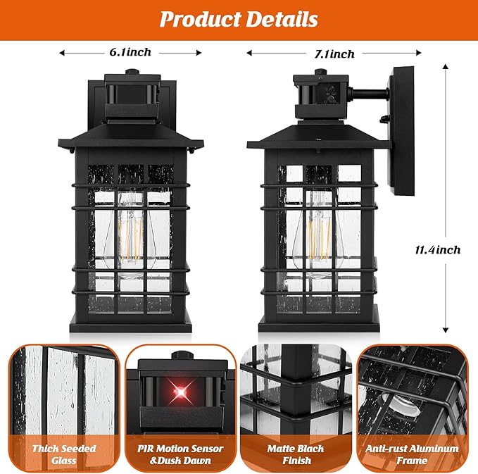 Motion Sensor Outdoor Wall Lights Black Dusk to Dawn Outside Porch Lights Fixture Wall Mount Waterproof Exterior Light Fixtures 2-Pack Matte Black Wall Sconces Lantern for House Patio Garage