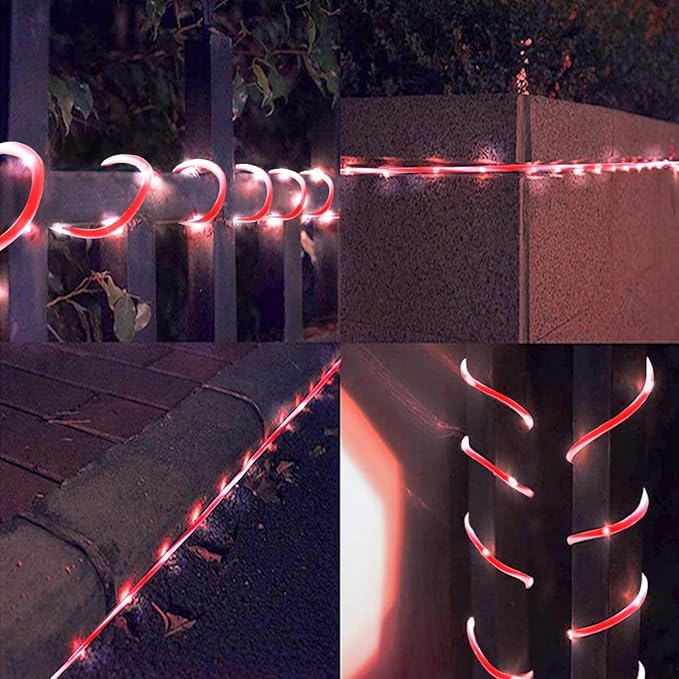 QITONG Solar Christmas Lights 2 Pack Each 33ft 100 LED Red &amp White Candy Cane Rope Light Outdoor Waterproof 8 Modes Fairy Lights in Clear Thin Tube
