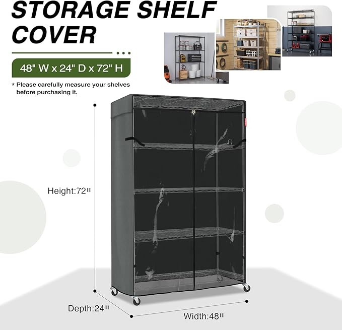 Porch Shield Storage Shelf Cover Fits 48 x 24 x 72 Wire Rack - Dustproof Shelving Unit Cover with Front Transparent(Grey)