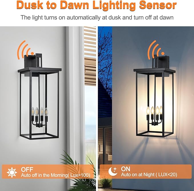 tewei 26in Large Size Dusk to Dawn Outdoor Wall Lights Matte Black Exterior Lighting Fixtures Modern Outdoor Porch Lights for House with Clear Shade Outdoor Wall Sconce Light for Garage(1 Pack)