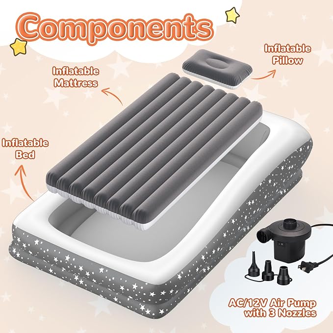 Inflatable Toddler Travel Bed - Grey Soft Toddler air Mattress with Bumpers for Easy to Inflate &amp Deflate - Portable Blow up Toddler Bed Travel with Sides for Trip Sleeping