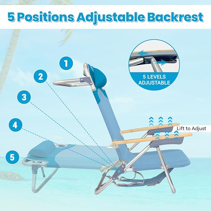 2 Pack Low Backpack Beach Chair with Folding Bamboo Table for Adults 5-Position Lay Flat Reclining Chair Lightweight with Cooler Bag Supports 265 lbs