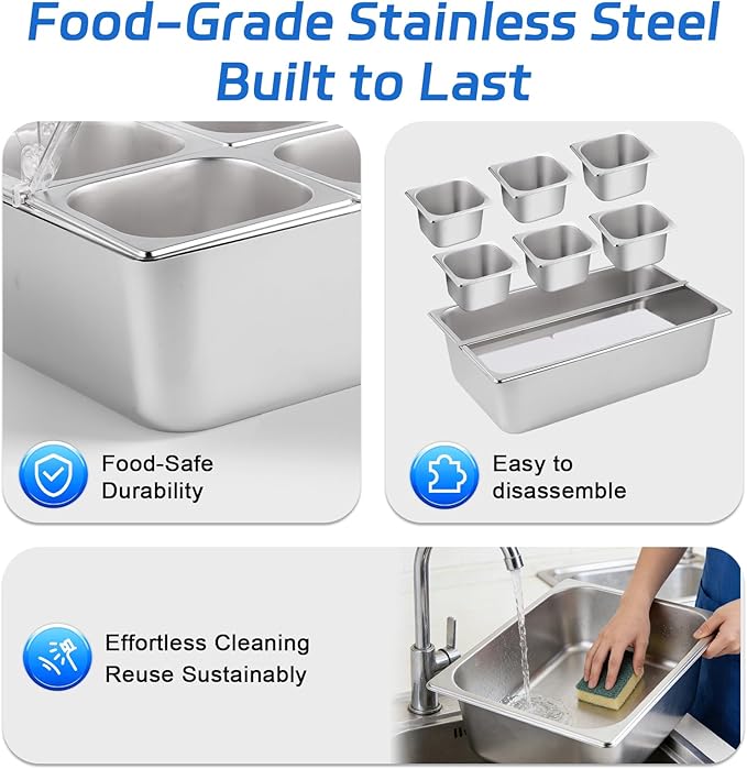 Cold Food Buffet Server 9.6Qt (6 Pans×1.6Qt) with Ice Packs for Salad Pizza Sauce Colded Serving Trays Condiments Containers for Parties Buffet