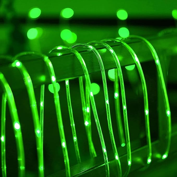 QITONG 2 Pack Green St Patricks Day Lights Each 33ft 100 LED Solar Rope Lights Outdoor 8 Modes Fairy Lights in Clear PVC Tube
