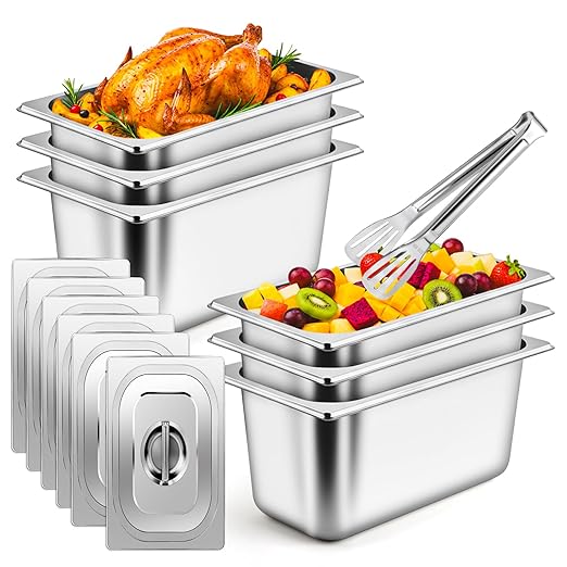 6 Pack 1/3 Size Stainless Steel Hotel Pans with Lids 6 Inch Deep Steam Table Pans Anti-Jam Metal Hotel Pans with Clip for Restaurant Home Catering Food Storage