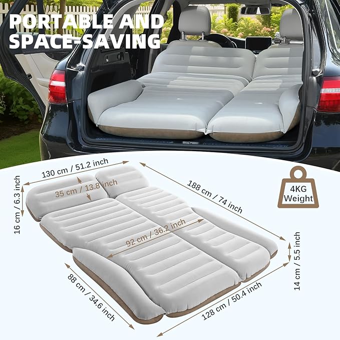 KMZ SUV Air Mattress Double Sided Thickened Flocking Car Bed – Portable Inflatable Mattress Pad for Camping &amp Travel with 2 Pillows &amp Electric Pump (Off-White and Coffee)