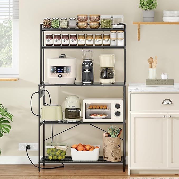 Large 5 Tier Bakers Rack with Electrical Outlets 39 Inch Microwave Stand Coffee Bar Kitchen Storage Shelf for Home Counter Space Organizer