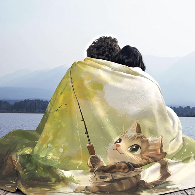 Kitten Fishing Soft Fleece Blanket 60 * 50 inch Soft Sofa Blanket Suitable for Sofa Camping Travel Night Cover Blanket