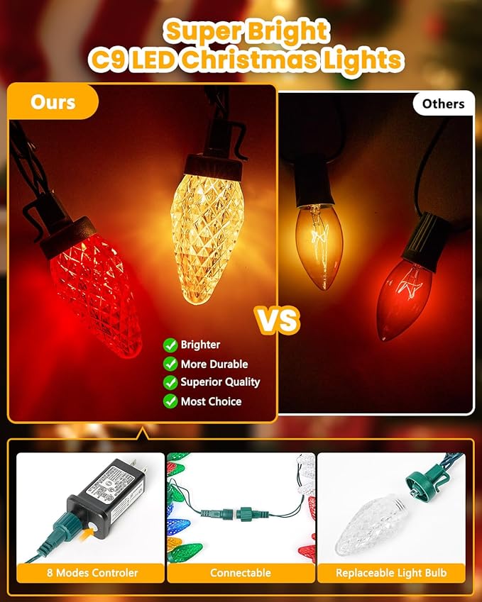 Minetom C9 Christmas Lights Outdoor 88FT 110LED String Lights with 8 Mode Waterproof Connectable UL Certified C9 Christmas Decorations for Indoor Outdoor Patio Roofline Decor Red＆Warm White