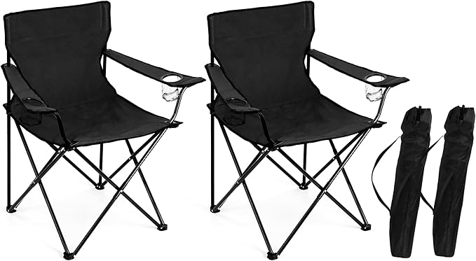 Leonyo 2Pcs Folding Camping Chairs Outdoor PortableLawn Chairs for Adults with Cup Holders Carrying Bag for Outside Beach Sports Hiking Black