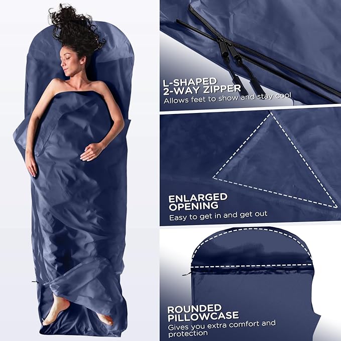 Ultralight Sleeping Bag Liner - 5.3 oz Washable Adult Sleep Sack &amp Travel Sheets Self Tan Sleep Sack with Two-Way-Zipper for Backpacking Hotel Camping Travel