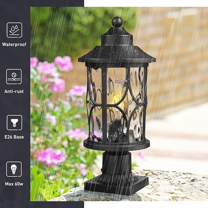 zeyu 17 Inch Black Outdoor Post Lights Modern Exterior Pole Light Lamp Posts Outdoor Lighting for Garden Patio Die-Cast Aluminum with Clear Water Ripple Glass ZX48MP-WG BK