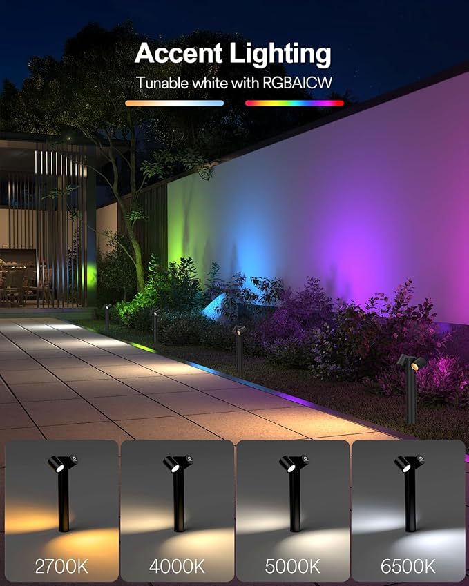Lumary Smart Pathway Lights Pro 700LM RGBAICW Color Changing Landscape Lights with 8 Adjustable 355° Spot Lights IP65 Waterproof 48FT Wired Outdoor Landscape Lighting WiFi APP/Voice/Remote (4 Pack)
