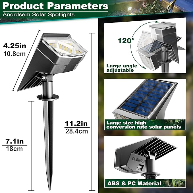 Anordsem Solar Spot Lights Outdoor: 1000mAh+ABS Waterproof Case 4 Pack - 2 White Light Modes for Yard Garden Path Decoration - Bright Security Lighting Gifts for Homeowner