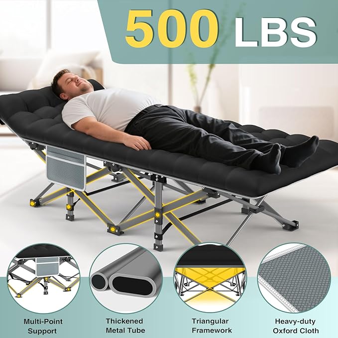 ZENPETIO Camping Cot for Adults Heavy-Duty Portable Cot Bed with Mattress Foldable Padded Sleeping Cots for Camping Travel Tent Day Bed Outdoor &amp Home Guest Max Load 500 LBS 75x28x15”