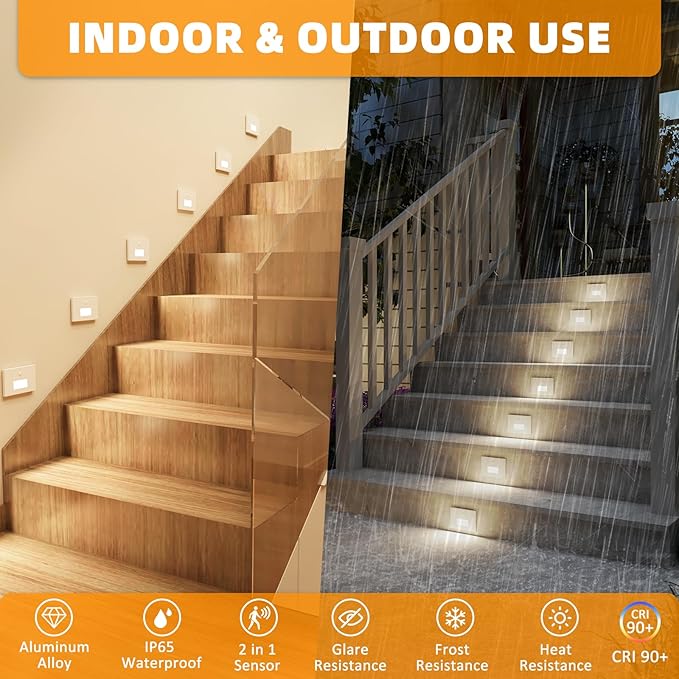 Motion Sensor Stair Lights Indoor Outdoor 5CCT Dimmable LED Step Lamp with Switch 4W 300LM 2700K-6500K IP66 Waterproof Hardwired 120V Stairway Staircase Walkway Lighting- White 12 Pack ETL