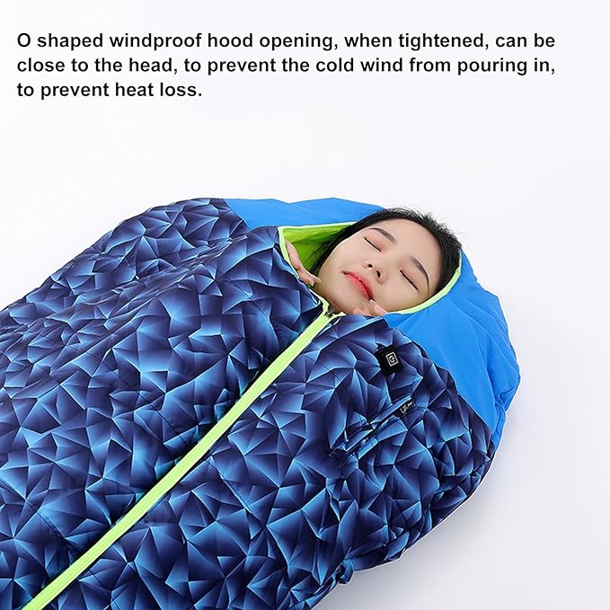 Outdoor Heated Sleeping Bag Adjustable Temperature USB Charging Portable Camping Sleeping Bag for Hiking Travel Office Blue Polyester